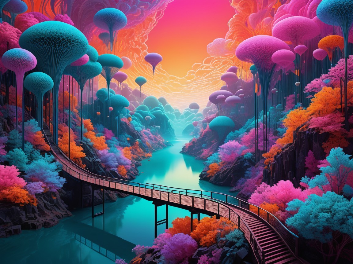 Surreal Landscape with Colorful Mushrooms and River