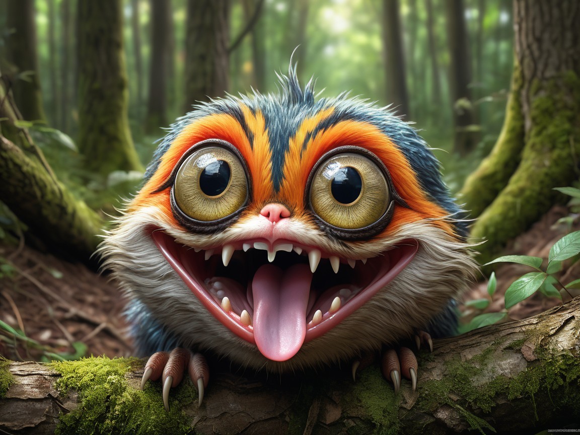 Whimsical Cartoon Creature in Lush Forest Setting