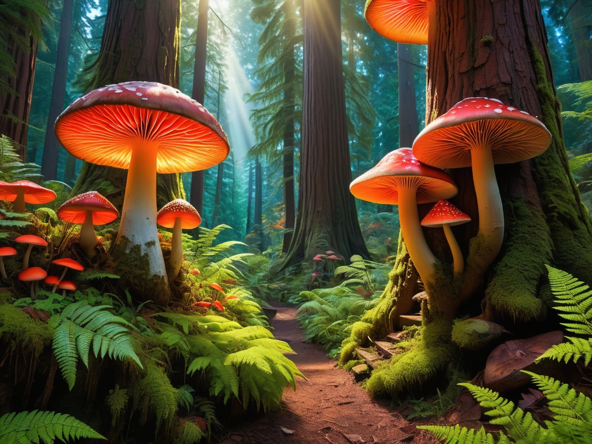 Magical forest scene with golden light and vibrant flora