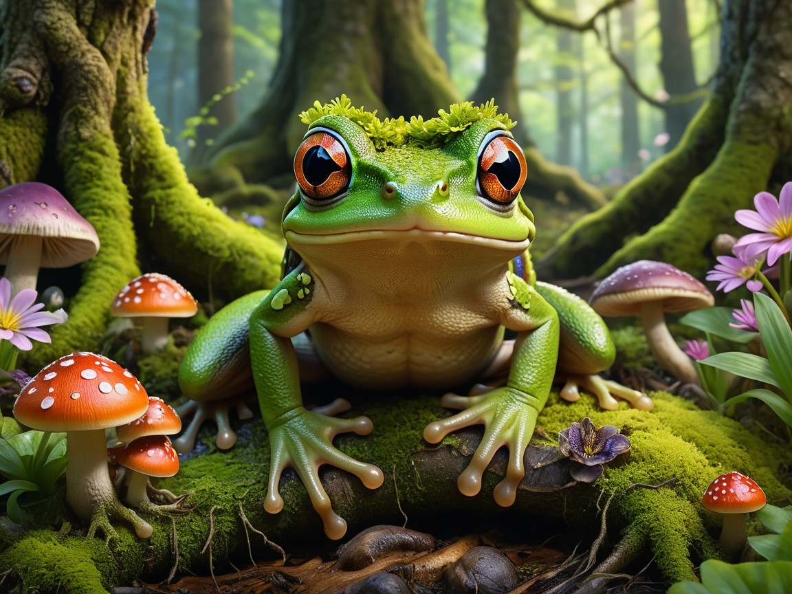 Vibrant green frog on mossy log in enchanting forest