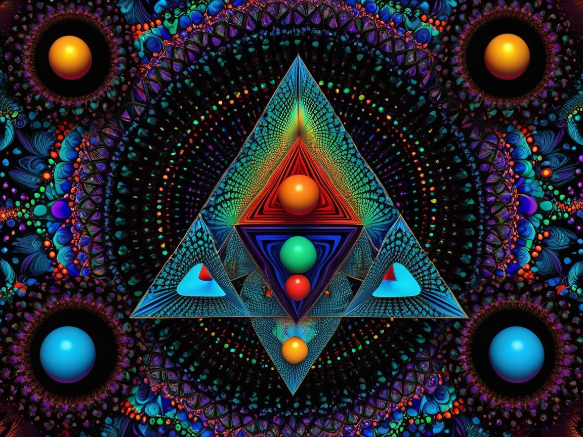 Vibrant Geometric Pattern with Triangular Prism and Circles