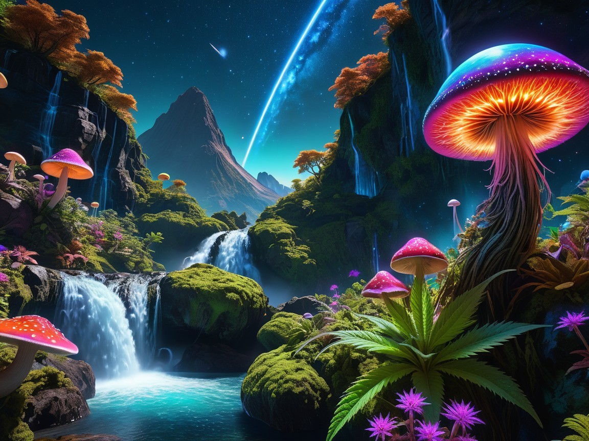 Vibrant Fantasy Landscape with Luminous Mushrooms and Waterfalls