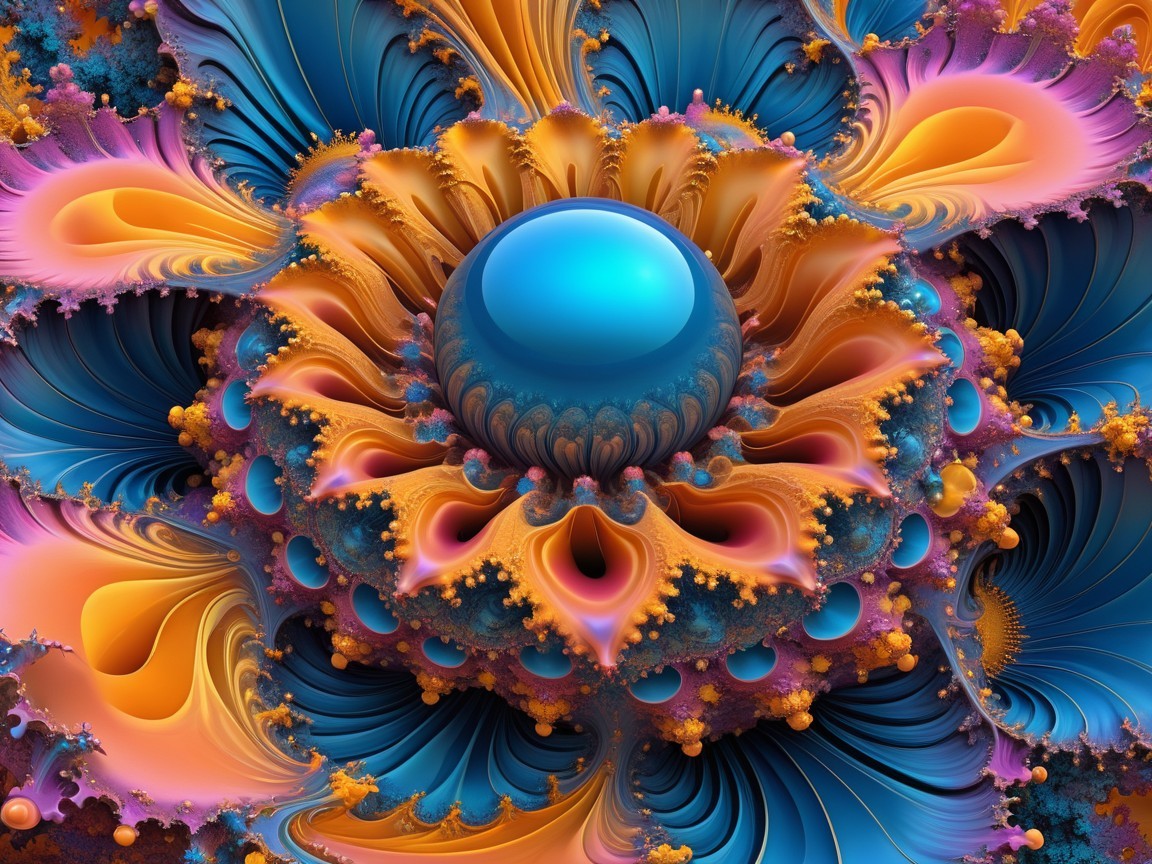 Vibrant Fractal Design with Glossy Blue Sphere Center