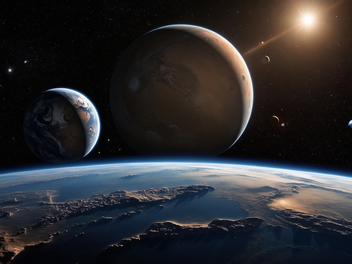 Vibrant Earth Beneath Two Majestic Planets in Space