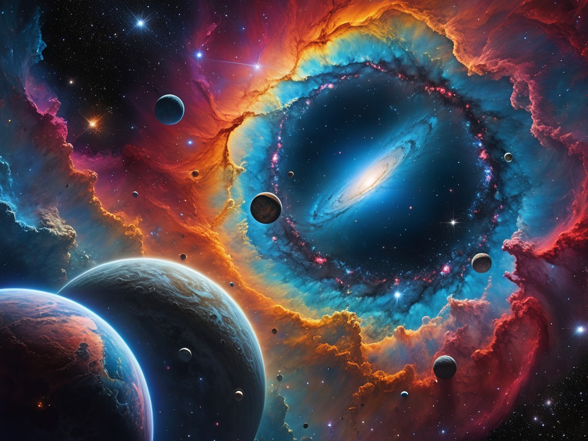 Vibrant Cosmic Scene with Nebula and Celestial Bodies