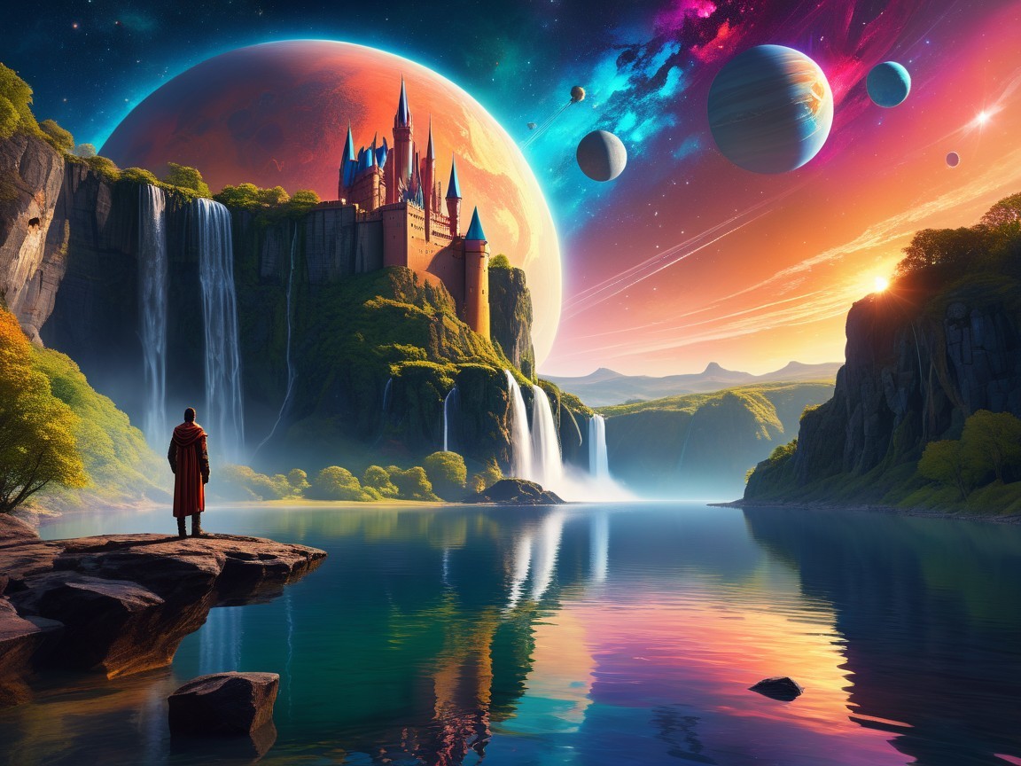 Majestic Castle and Waterfalls in a Cosmic Landscape