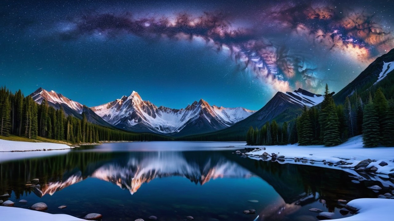 Serene lake with snow-capped mountains and Milky Way