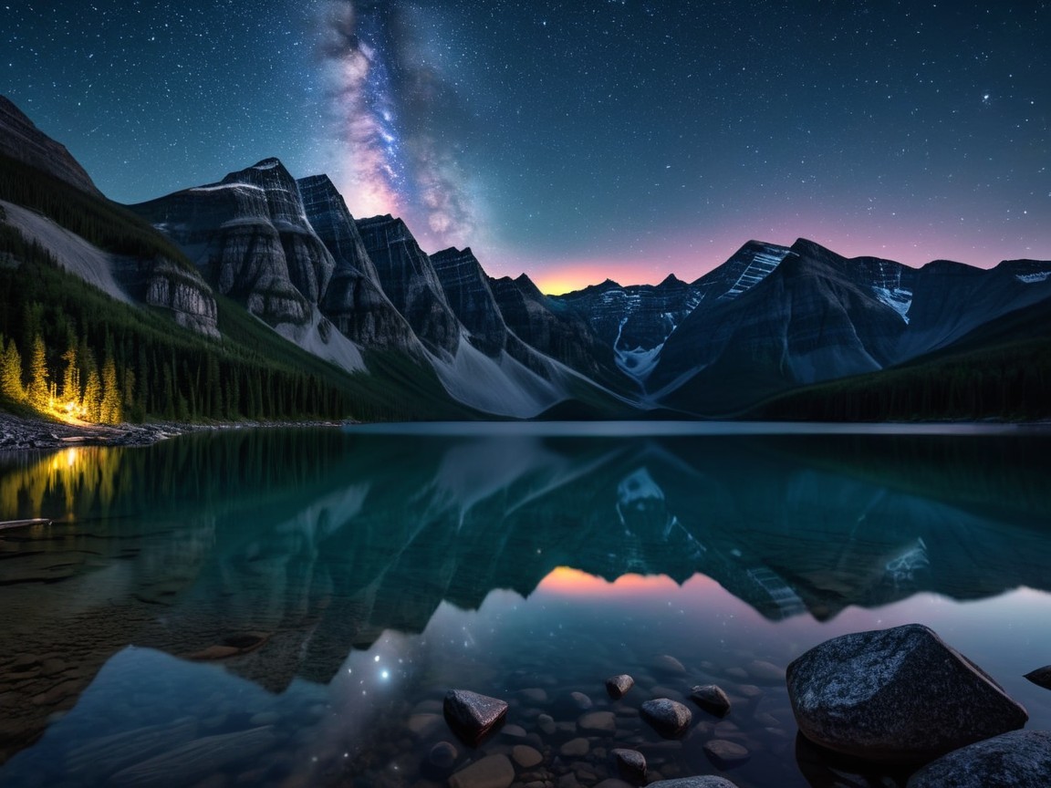 Tranquil Lake Scene with Starry Sky and Mountains