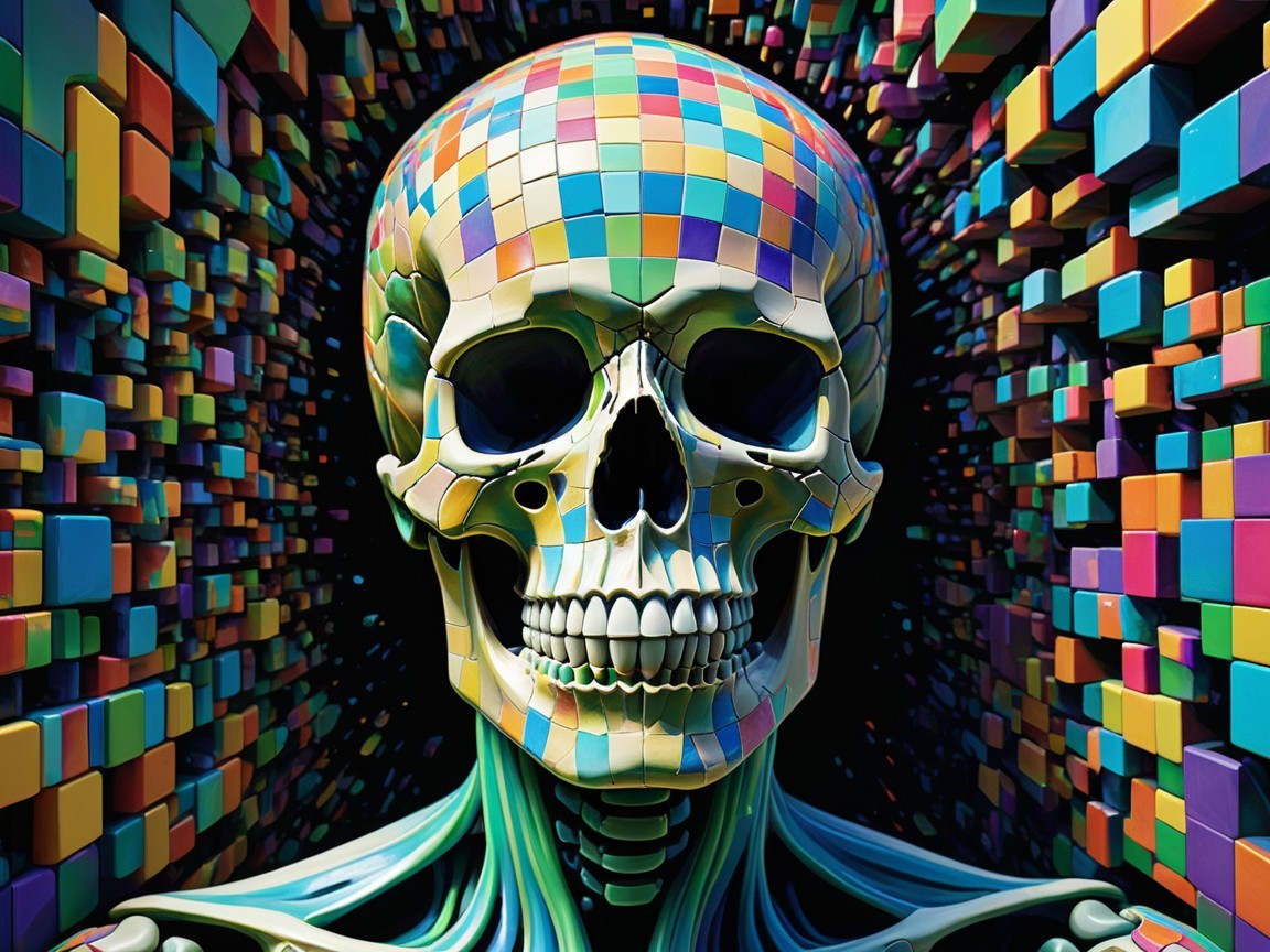 Vibrant Skull with Mosaic Patterns and Geometric Background