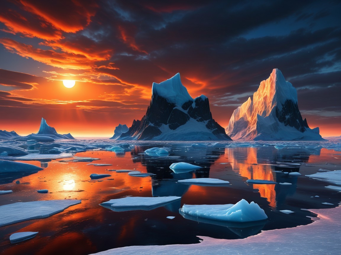 Polar Sunset with Icebergs and Calm Waters