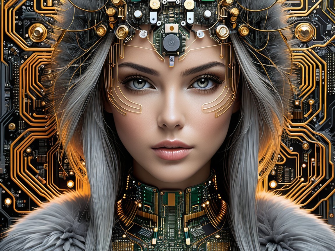 Portrait of a Female Figure with Silver Hair and Circuitry