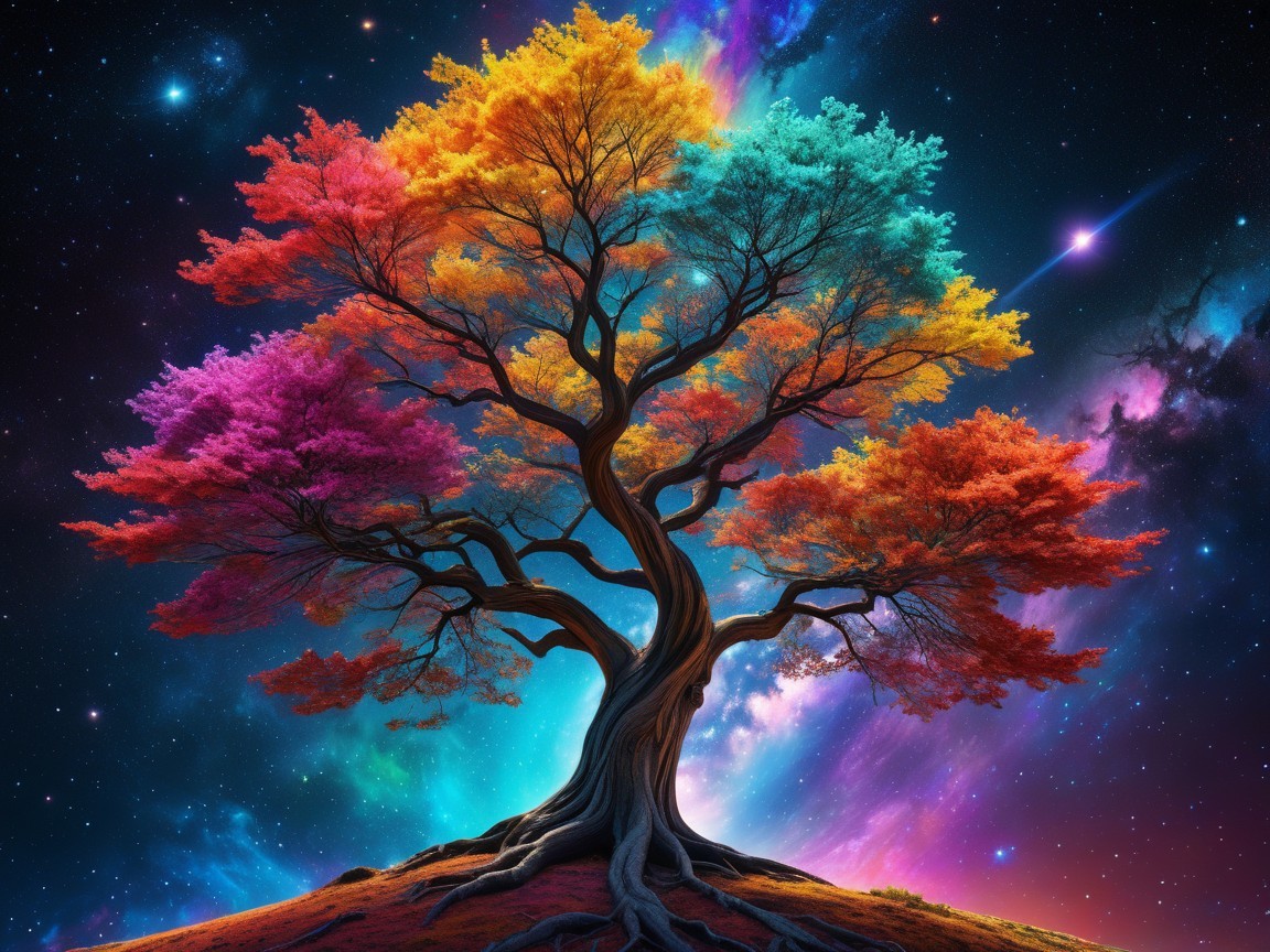 Majestic tree against vibrant cosmic backdrop with colors