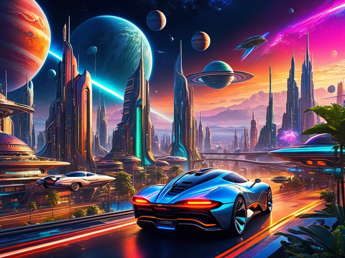 Futuristic Cityscape with Cosmic Sky and Skyscrapers