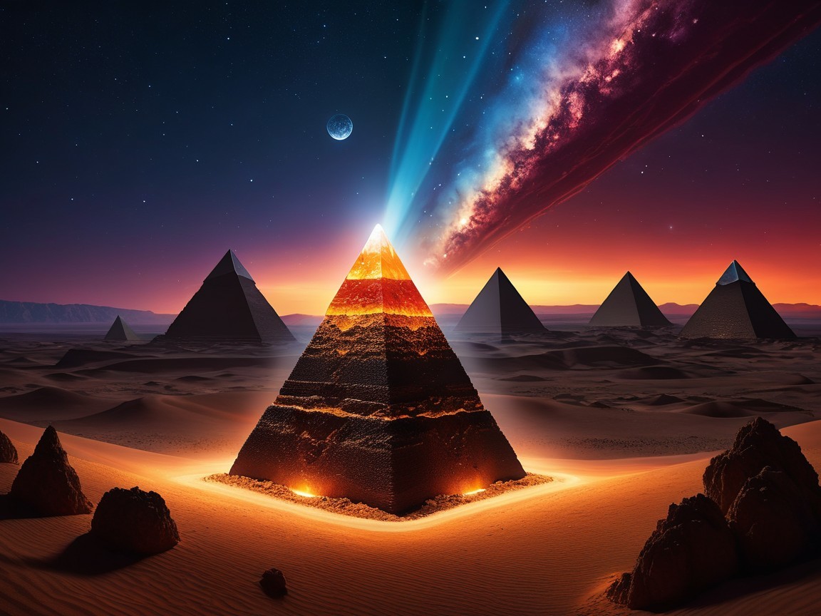 Surreal Landscape with Pyramids and Cosmic Galaxy