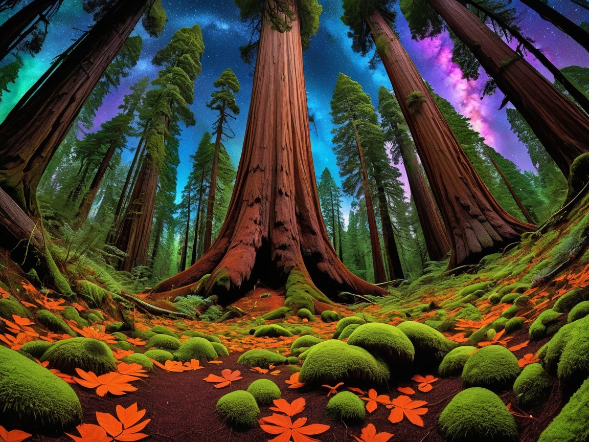 Vibrant forest scene with redwoods and Milky Way sky