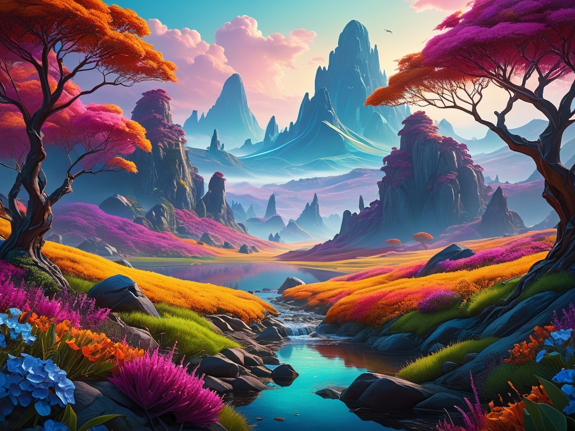 Vibrant Landscape with Colorful Flowers and Mountains