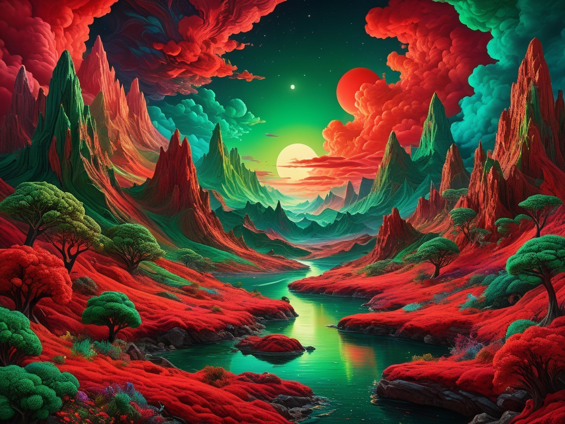 Surreal Landscape with Colorful Mountains and River