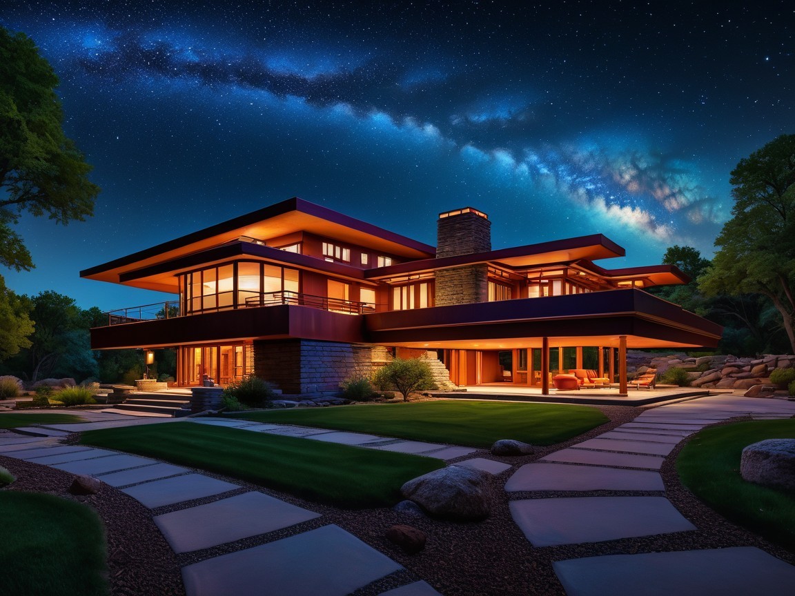 Modern House with Stone and Wood Under Starry Sky
