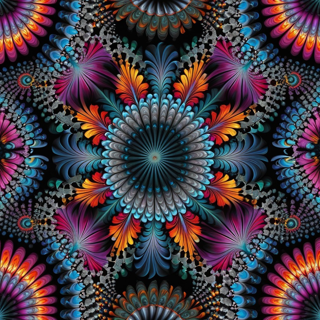 Symmetrical Fractal Flower Pattern on Black Background