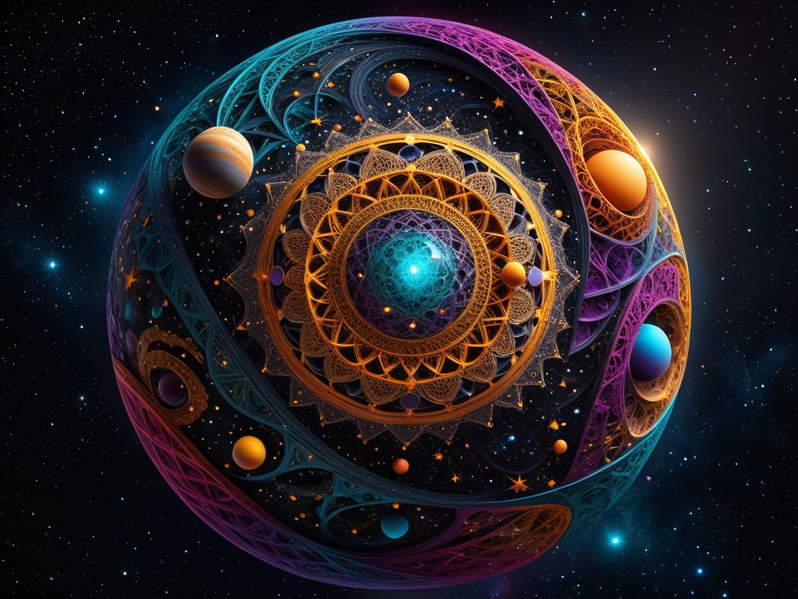 Intricate Cosmic Sphere with Vibrant Patterns and Planets