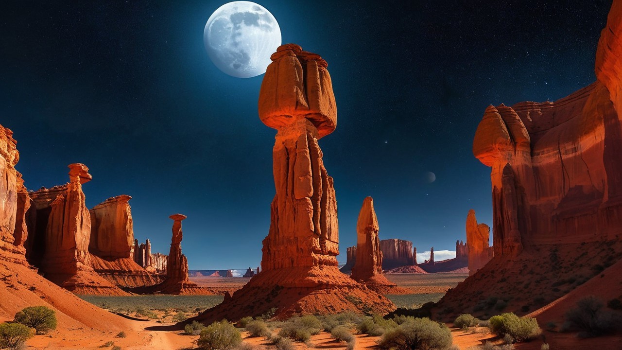 Otherworldly Landscape with Red Rock Formations and Moon