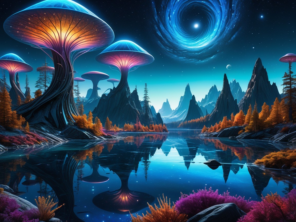 Luminescent Mushrooms and Mountains Under Night Sky