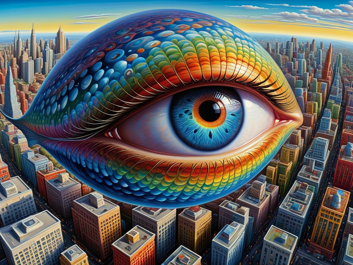 Surreal Giant Eye Above Vibrant Cityscape at Sunset
