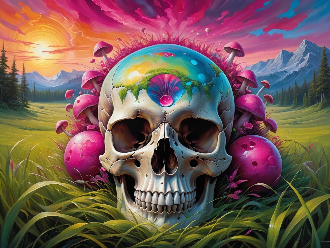 Vibrant Landscape with Skull and Psychedelic Mushrooms