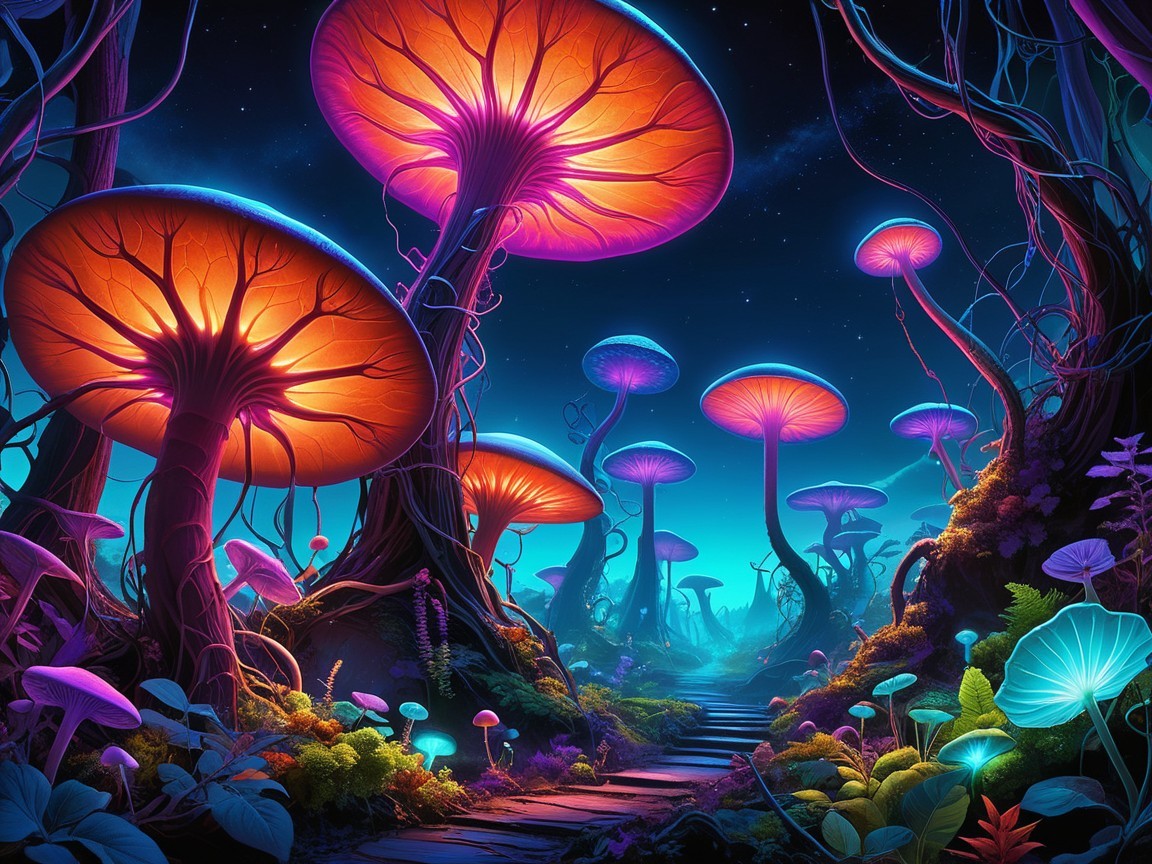 Vibrant Glowing Mushrooms in Enchanted Landscape