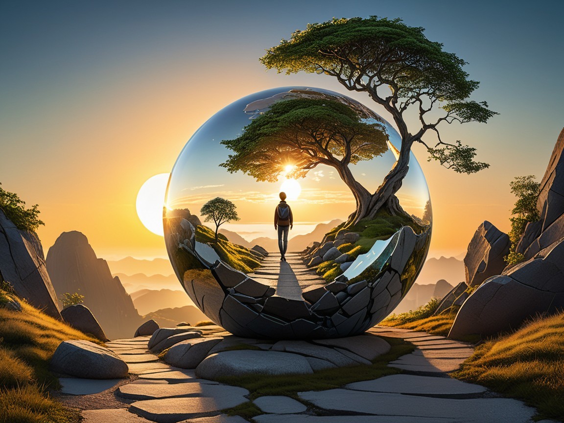 Lone Figure by Reflective Orb in Serene Landscape
