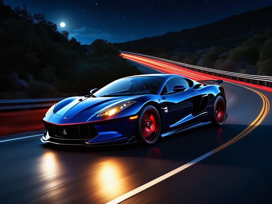 Sleek Blue Sports Car on Winding Road at Night