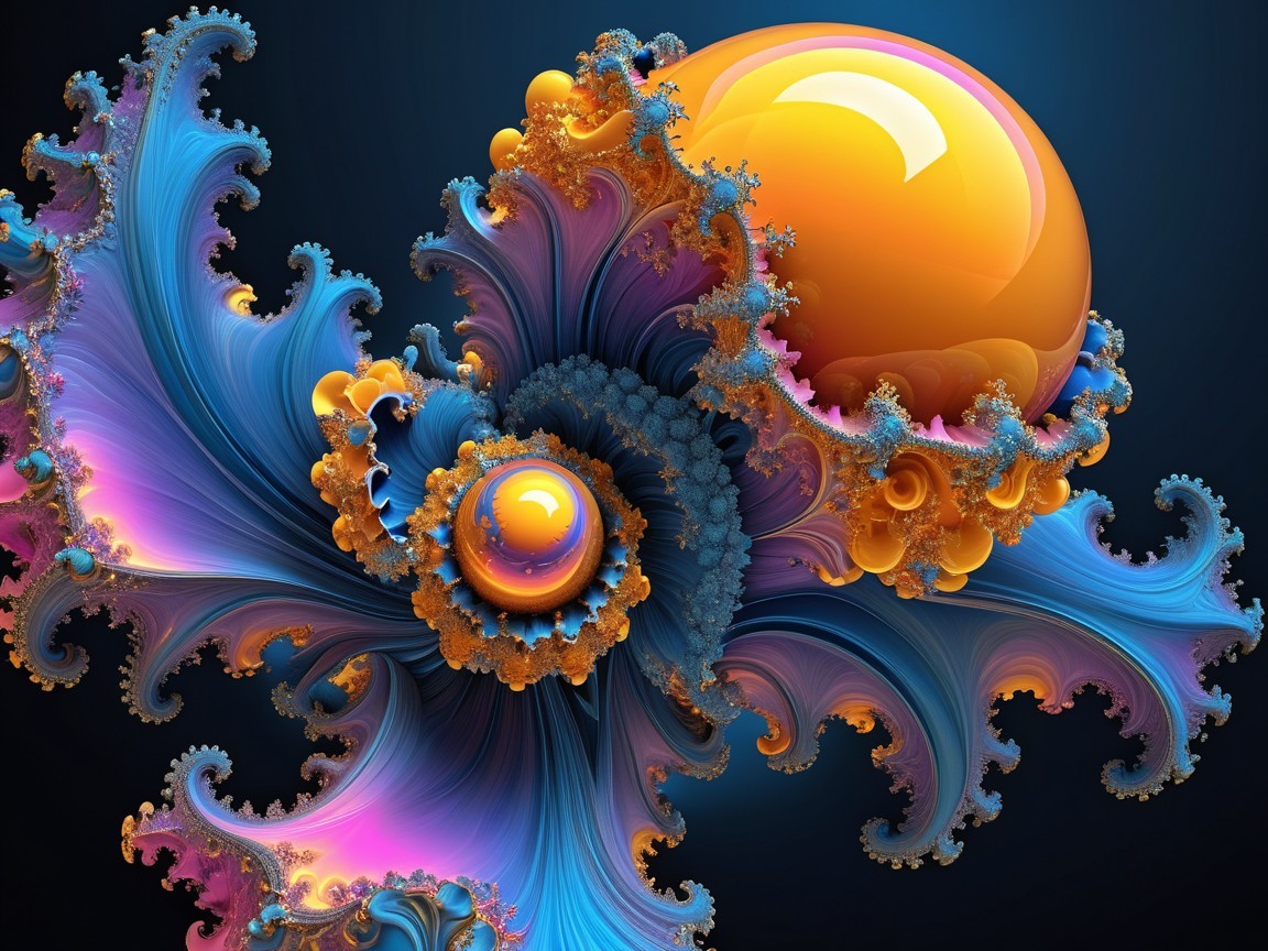 Vibrant Abstract Artwork with Fractal Patterns and Orbs