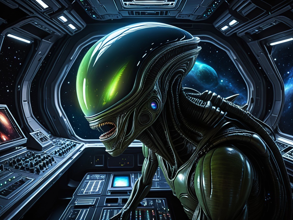 Humanoid Alien at Futuristic Spaceship Control Panel