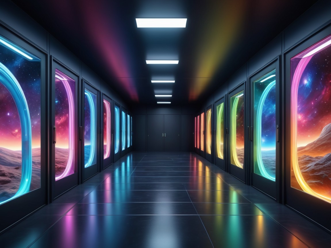 Futuristic hallway with glowing doors and space scenes