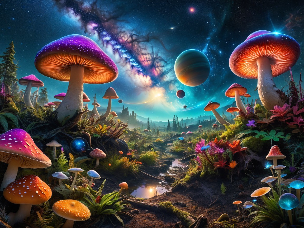 Surreal Landscape with Colorful Oversized Mushrooms