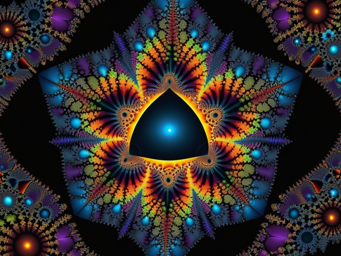 Brightly Colored Fractal Mandala on Black Background