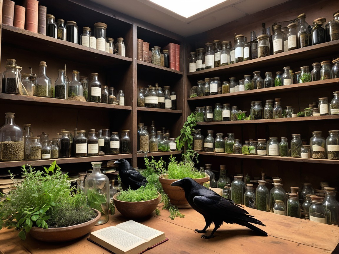Cozy dimly lit room with herbs and black ravens
