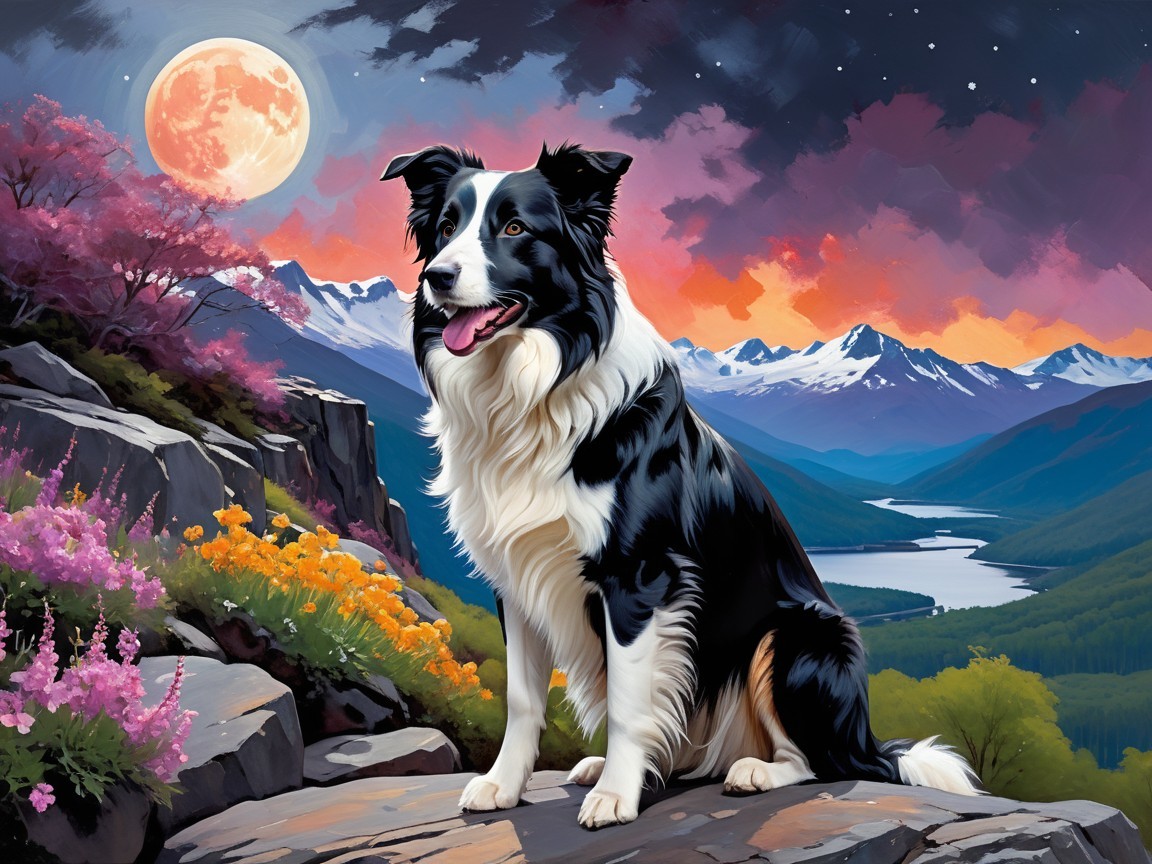 Black and white border collie on rocky outcrop landscape