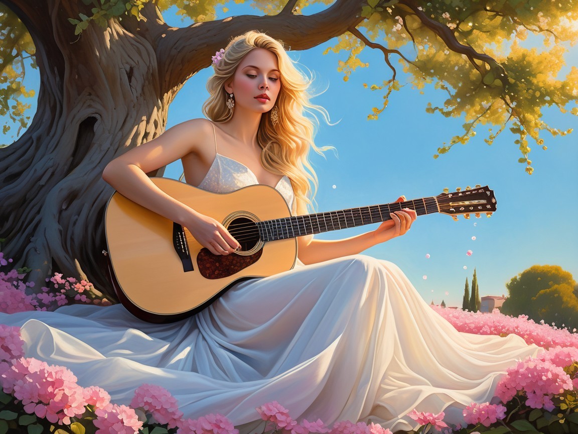 Woman in white gown playing guitar under a tree