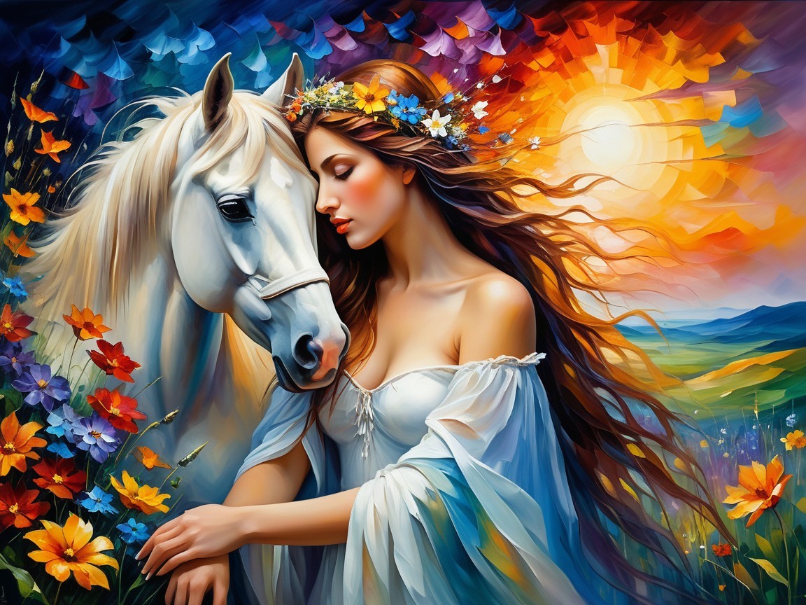 Woman with flowers and horse at sunset scene