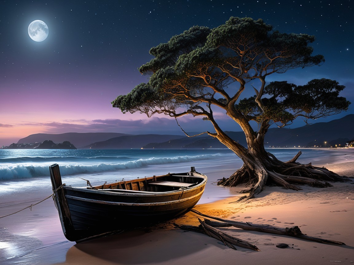 Serene Beach Scene with Moonlit Boat and Twilight Sky