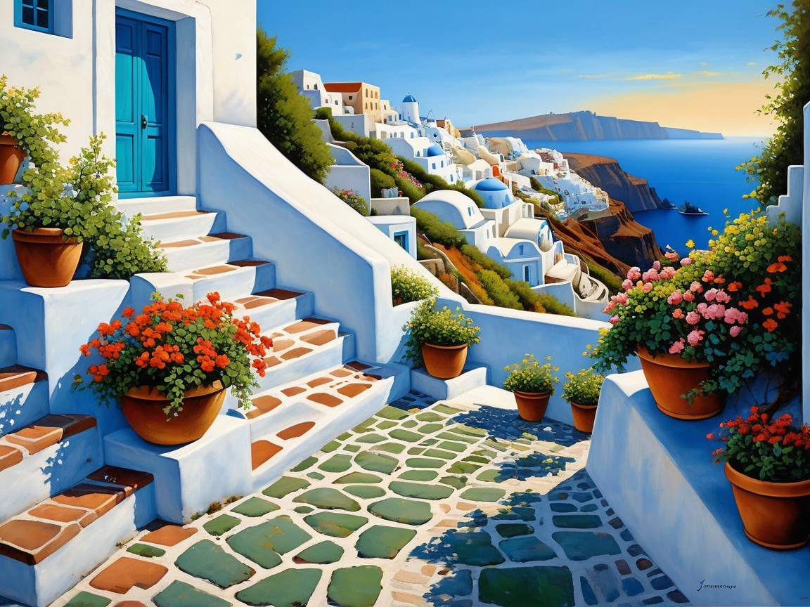 Sunlit Coastal Village with Whitewashed Buildings