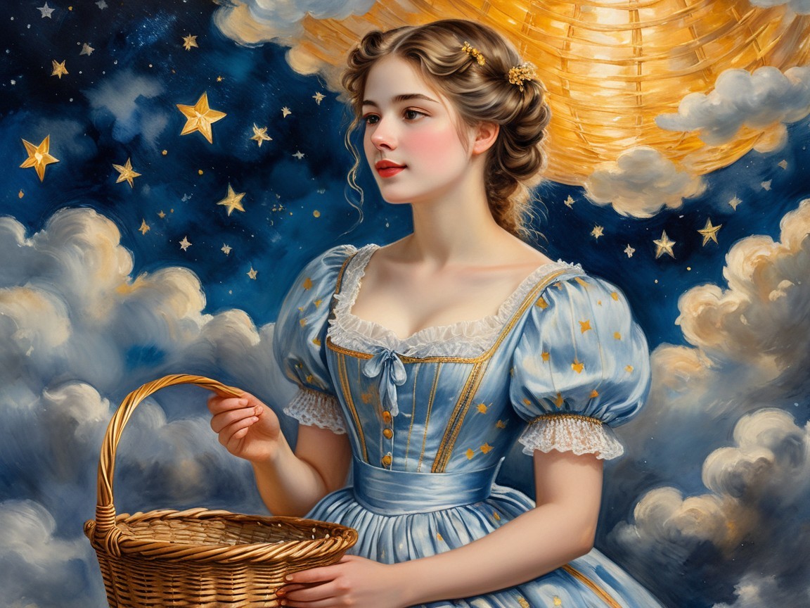 Young Woman in Blue Dress Against Moonlit Clouds