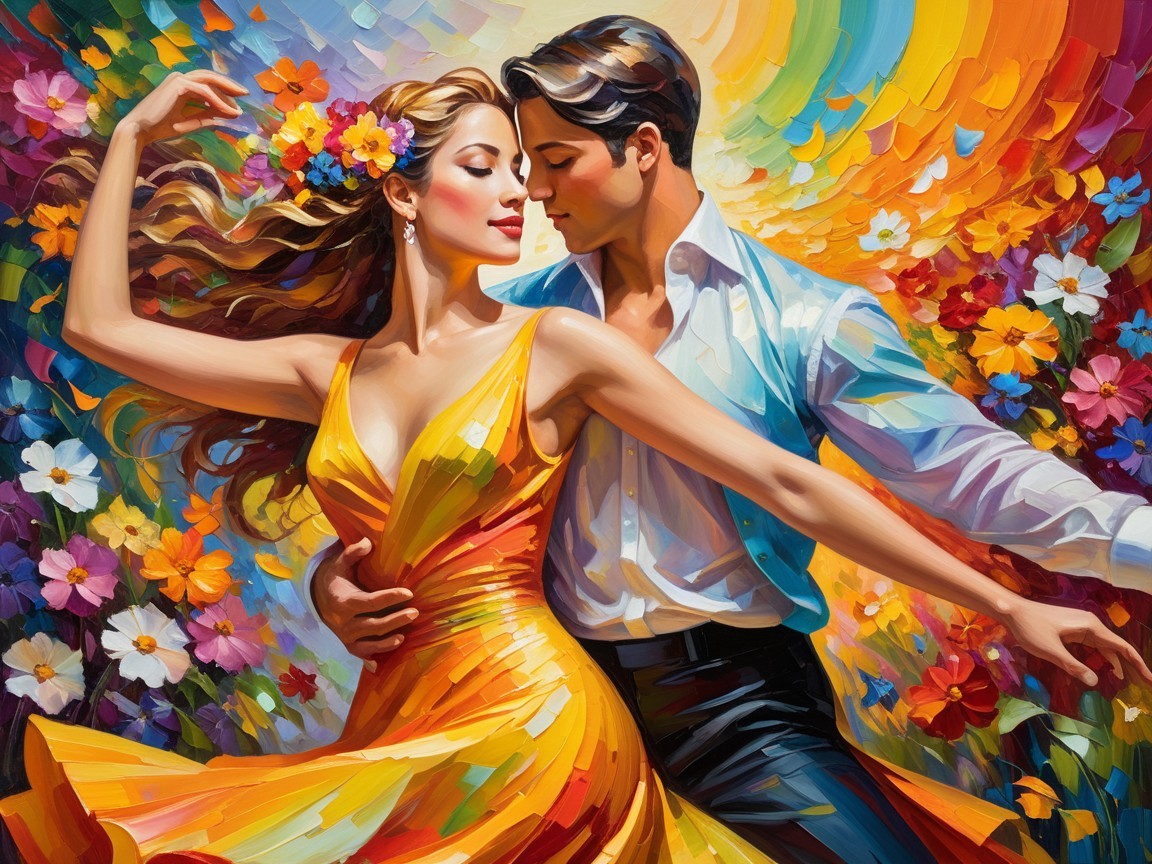 Vibrant Dance Scene with Colorful Flowers and Romance