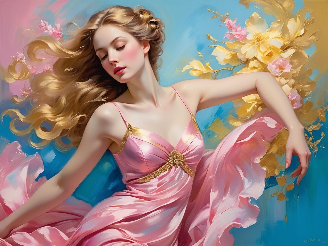 Delicate Woman in Pink Gown Against Blue Background