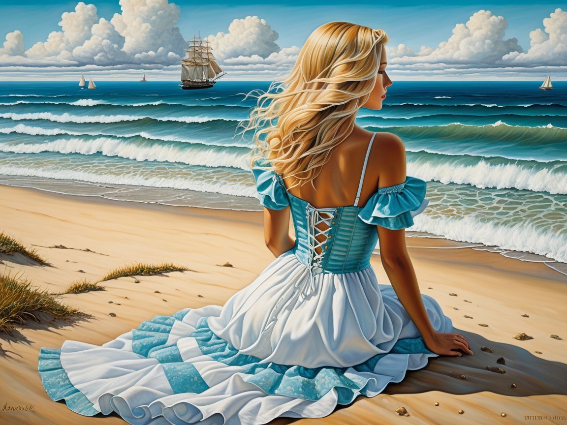 Serene beach scene with woman in flowing dress