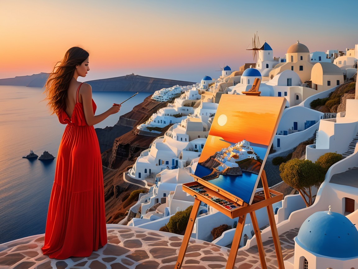 Woman in Red Dress Painting Santorini Sunset Scene