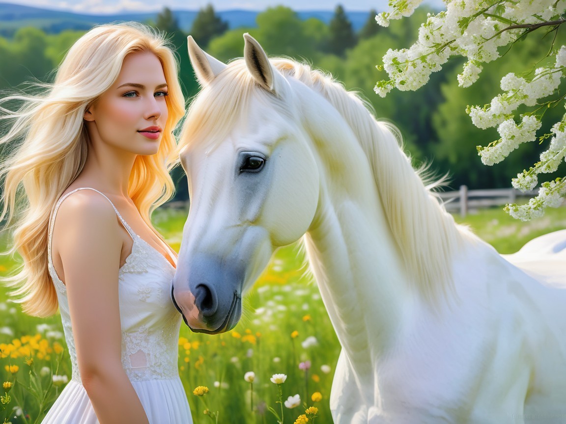 Serene Meadow Scene with Woman and White Horse