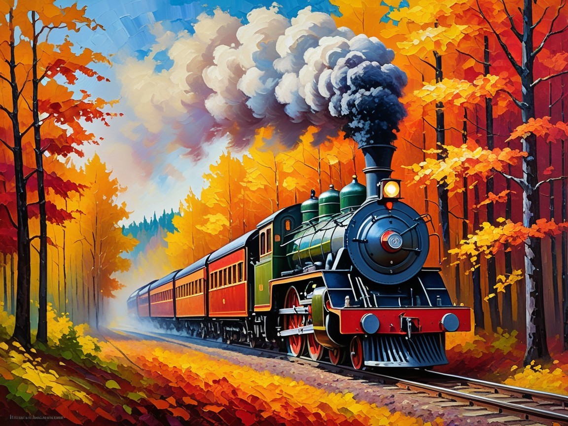 Vibrant Autumn Landscape with Classic Steam Train