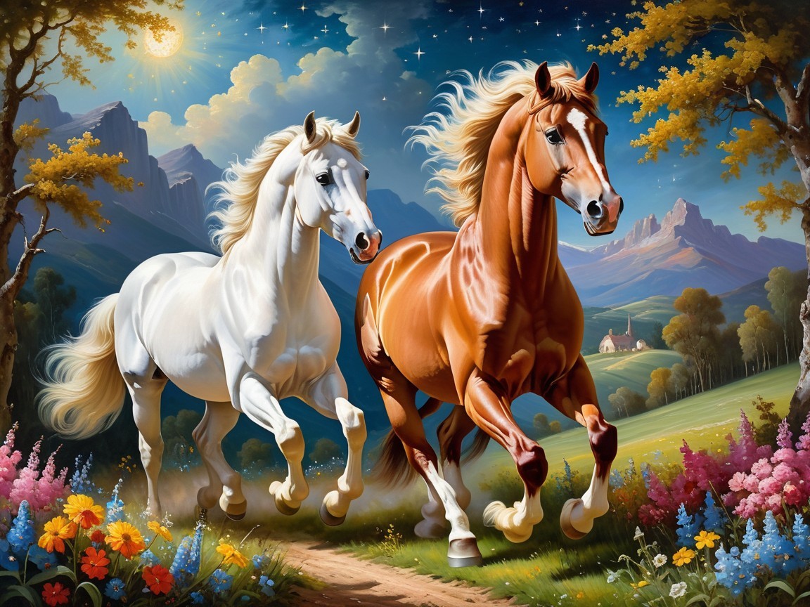 Horses Galloping Through a Colorful Landscape Scene